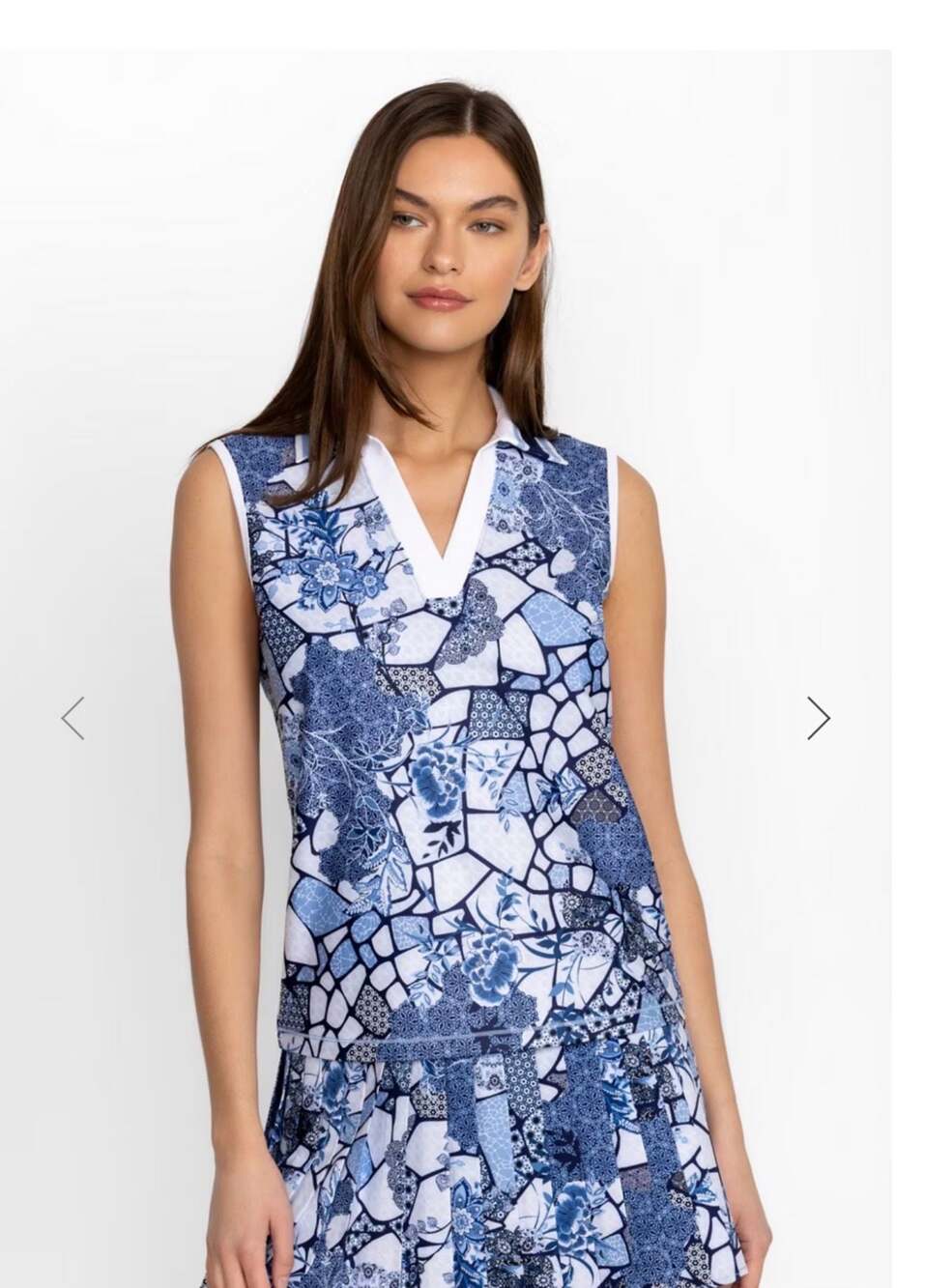 Johnny Was Active Sleeveless Polo Shirt Blue Floral Mosaic Print Size XS